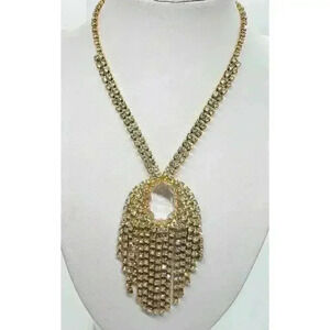 Vintage Necklace Gold Rhinestone Bib Statement Waterfall Collar RARE JULIANA